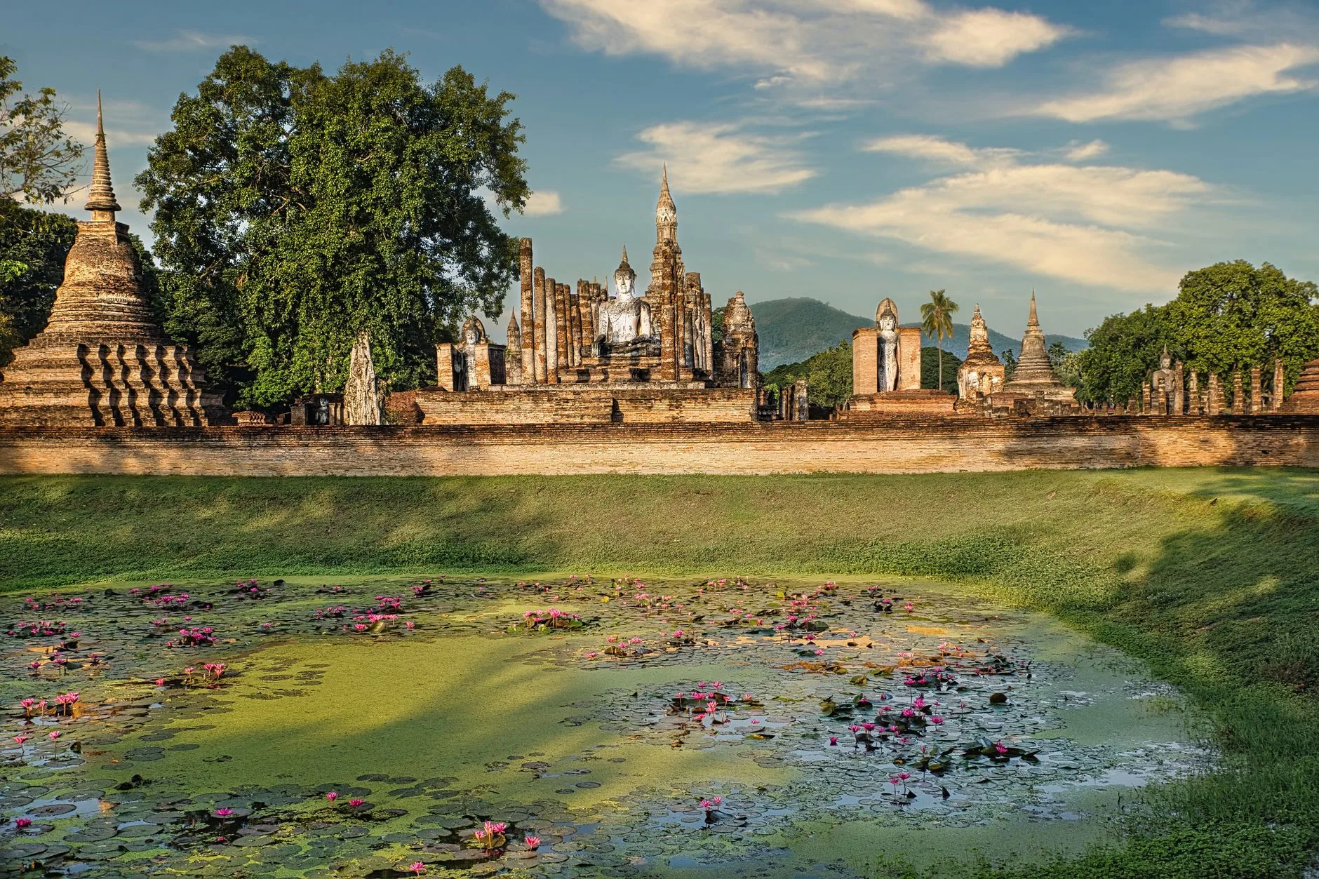 Ruines de temples d'Ayutthaya entourées de végétation et d'un plan d'eau